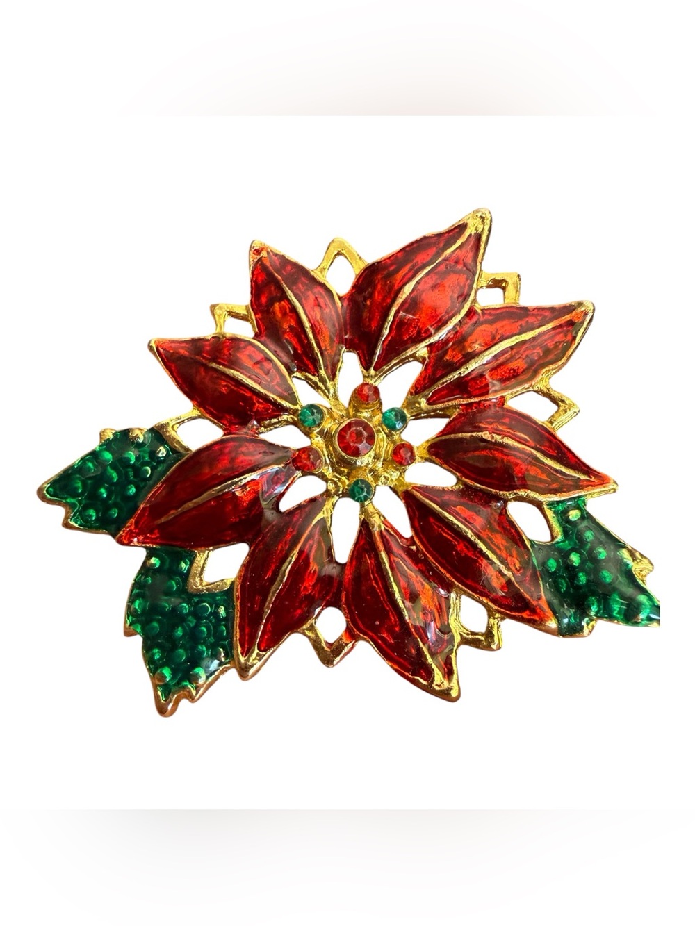Vintage Poinsettia MCM Brooch- Enamel and Rhinestone on Gold-Tone